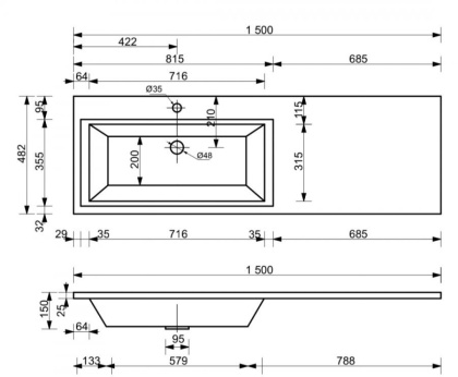 Комплект мебели Dallas Luxe 1500х482 правосторонний подвесной 2 ящика (ШхГхВ) 848х476х607