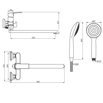 489500000 Eclipse 2.0 Смеситель для ванной и душа с универсальным изливом и душ.набором, хром 489500000 Eclipse 2.0 Смеситель для ванной и душа с универсальным изливом и душ.набором, хром