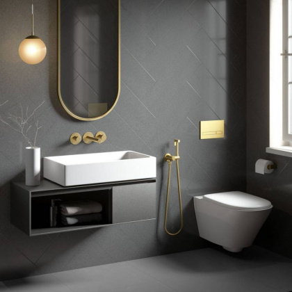 Смеситель для раковины встроенный с термостатом, с гигиеническим душем Timo Saona 2383/17SM золото матовое Смеситель для раковины встроенный с термостатом, с гигиеническим душем Timo Saona 2383/17SM золото матовое