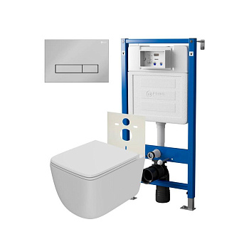 Сет: Система инсталляции Point Элемент для подвесного унитаза PN45120 + Клавиша смыва для инсталляции Point Меркурий, хром, PN44831C + Унитаз подвесной Point Меркурий безободковый, сиденье дюропласт микролифт, быстросъем, белый матовый PN41831WM