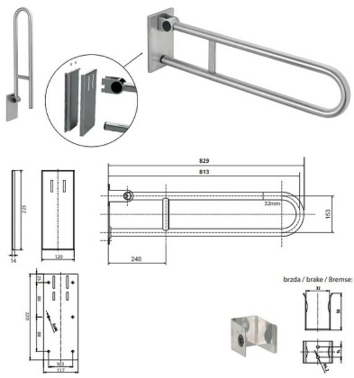 Съемный откидной поручень 813 мм, мат, с крышкой Съемный откидной поручень 813 мм, мат, с крышкой