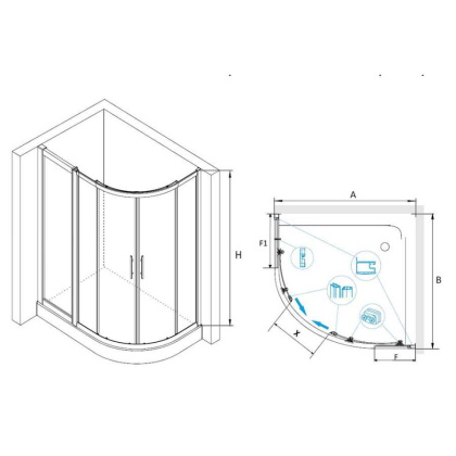 Душевой уголок RGW HO-61, 03066192-11, 90 х 120 x 195 см, асимметричный, дверь раздвижная, стекло прозрачное, хром