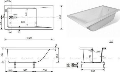 Ванна из искусственного мрамора Эстет Дельта 150x75                                     