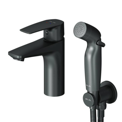 F90A03022 Gem, Смеситель для умывальника с гиг.душем, излив 99 мм, Черный, шт