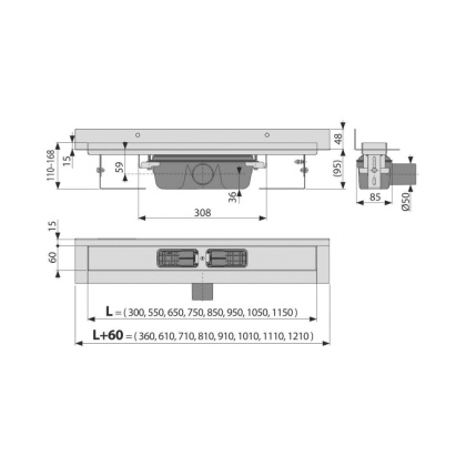 Водоотводящий желоб с порогами для цельной решетки и фиксированным воротником к стене