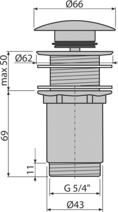 Донный клапан сифона для умывальника CLICK/CLACK 5/4", цельнометаллический с большой заглушкой, без перелива, для пластиковых и стеклянных умывальников