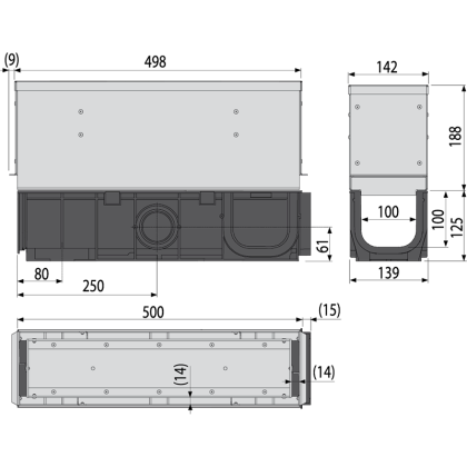 Щелевой дренажный канал с асимметричной сервисной надставкой 160 мм, нержавеющая сталь