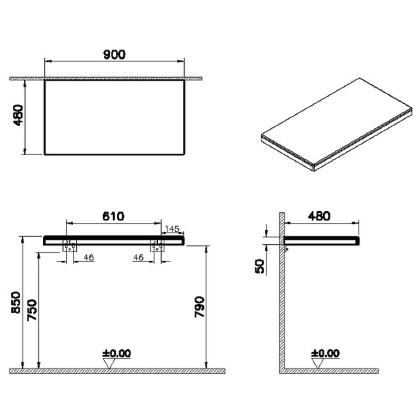 Столешница подвесная 90 см, темный вяз