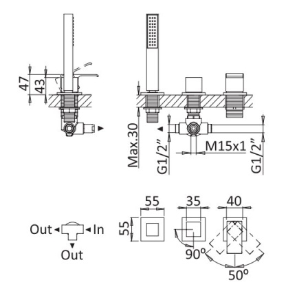 PORTA-BVDM3-NOP Смеситель на борт ванны с выдвижным душем и переключателем, исполнение черный матовый
