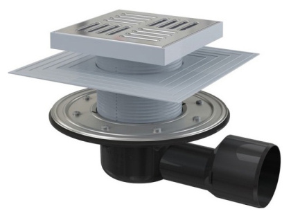 Сливной трап 150×150/50/75 мм боковой сток, решетка из нержавеющей стали, фланец из нержавеющей стали, воротник изоляции 2–го уровня, гидрозатвор сухой и мокрый