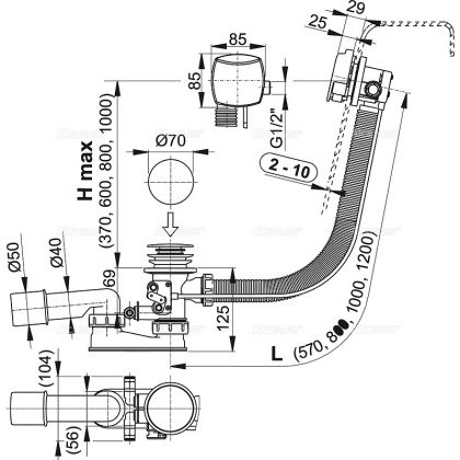 Сифон для гидромассажных ванн с напуском через перелив, металл