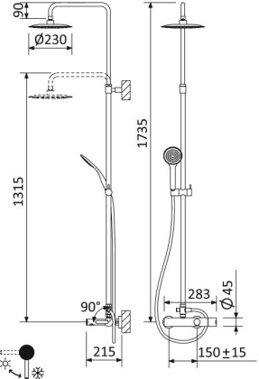 LEAF-CVDA-23-L-BIO Душевая стойка телескопическая, с изливом с верхним и ручным душем, верхний душ диаметр 230 мм АБС пластик, исполнение Белый матовый