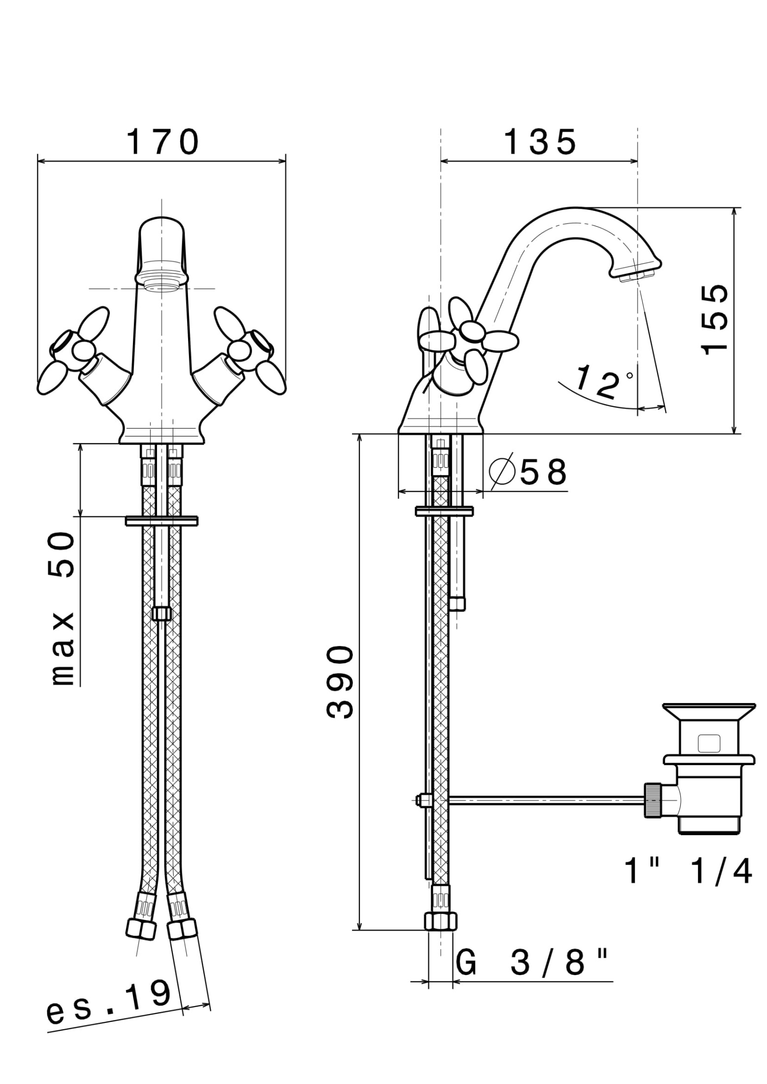 Смеситель для раковины MUSE вентильный с донным клапаном, потертая бронза