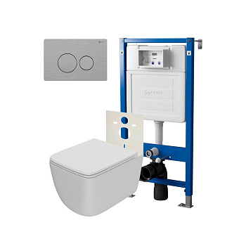 Сет: Система инсталляции Point Элемент для подвесного унитаза PN45120 + Клавиша смыва для инсталляции Point Виктория, нержавеющая сталь, сталь брашированная, PN44061SB + Унитаз подвесной Point Меркурий безободковый, сиденье дюропласт микролифт, быстросъем