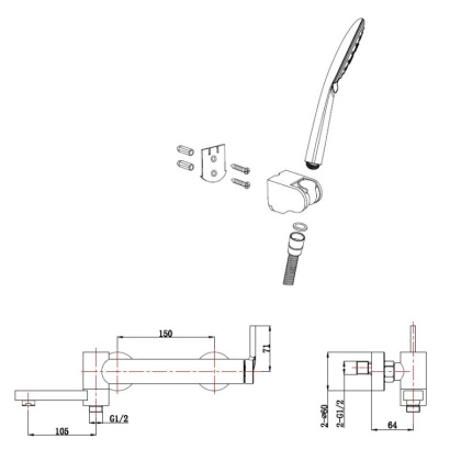 ETN-SET-VDH-IN Смеситель для ванны и душа с поворотным изливом, держателем и ручным душем Исполнение: Сатин  ETN-SET-VDH-IN Смеситель для ванны и душа с поворотным изливом, держателем и ручным душем Исполнение: Сатин