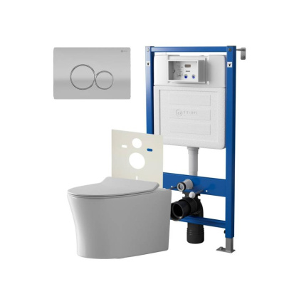 Сет: Система инсталляции Point Элемент для подвесного унитаза PN45120 + Клавиша смыва для инсталляции Point Виктория, цвет сатин/хром, PN44061SC + Унитаз подвесной Point Вега безободковый, сиденье микролифт PN41711