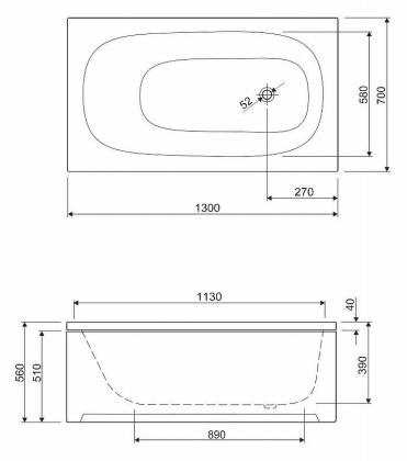 Акриловая ванна CEZARES ECO-130-70-40-W37