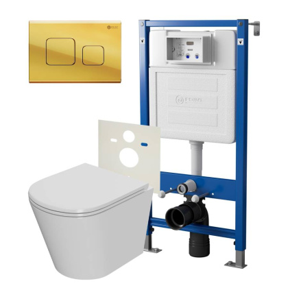 Сет: Система инсталляции Point Элемент для подвесного унитаза PN45120 + Клавиша смыва для инсталляции Point Афина, золото, PN44041G + Унитаз подвесной Point Виктория безободковый, сиденье микролифт PN41061