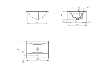 Тонкая раковина Ontario с отверстием под смеситель, размером 60 см