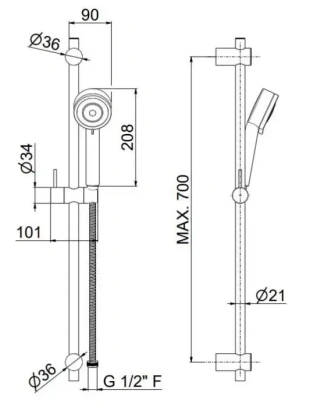 Душевая стойка NOTA  c ручной лейкой на 3 режима и шлангом, без выхода для подачи воды, хром