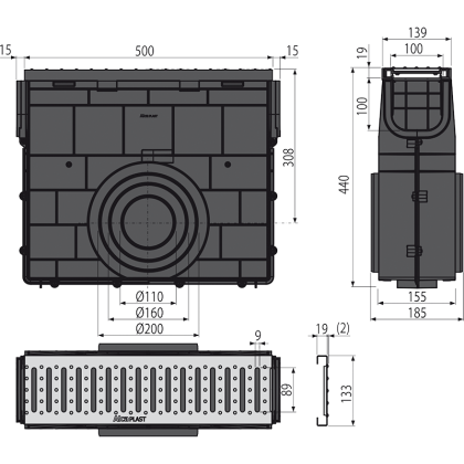 Пескоуловитель для дренажного канала AVZ102 с пластиковой рамой и оцинкованной решеткой „C“ профиль A15