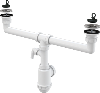 Сифон для сдвоенной мойки с нержавеющими решетками DN70 и штуцером