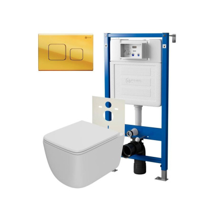 Сет: Система инсталляции Point Элемент для подвесного унитаза PN45120 + Клавиша смыва для инсталляции Point Афина, золото, PN44041G + Унитаз подвесной Point Меркурий безободковый, сиденье дюропласт микролифт, быстросъем, белый матовый PN41831WM