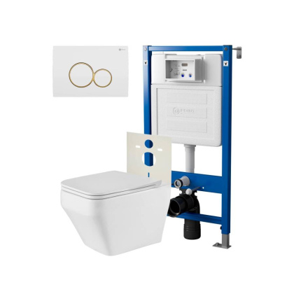 Сет: Система инсталляции Point Элемент для подвесного унитаза PN45120 + Клавиша смыва для инсталляции Point Виктория, белая/золото, PN44061WG + Унитаз подвесной Point Аврора PN41101 безободковый, белый, сиденье дюропласт, микролифт, быстросъемное