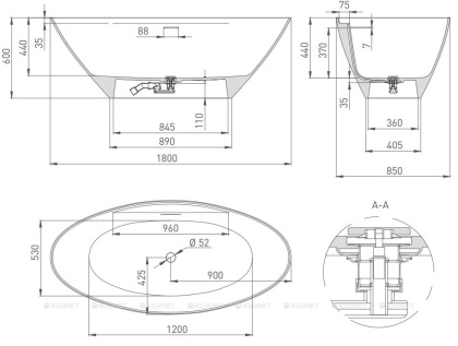 Ванна из искусственного камня S-Stone Salini Diva 180x85 см матовая ,102221M