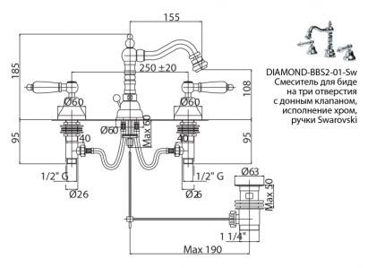 DIAMOND-BBS2-02-Sw Смеситель для биде на три отверстия с донным клапаном, бронза, ручки Swarovski DIAMOND-BBS2-02-Sw Смеситель для биде на три отверстия с донным клапаном, бронза, ручки Swarovski