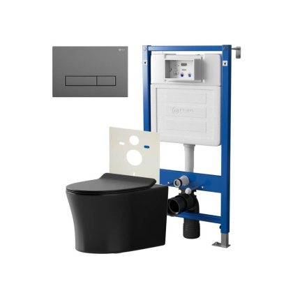 Сет: Система инсталляции Point Элемент для подвесного унитаза PN45120 + Клавиша смыва для инсталляции Point Меркурий, цвет графит, PN44831GM + Унитаз подвесной Point Вега безободковый, чёрн мат, PN41711BM