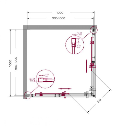 MARINO-A-2-90-C-GM Душевой уголок, Условный размер, мм:900x900x1950 Габариты с диапазоном регулировок, мм:(885-900)х(885-900)x1950 