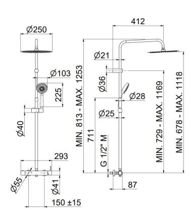 Душевая колонна NOTA на 2 потока с механическим смесителем с  ручным душем на 5 режимов, хром