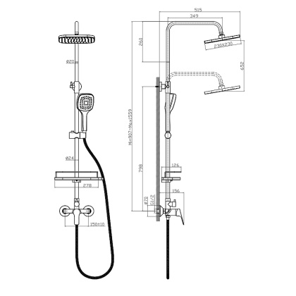 Смеситель Rossinka RS29-45 для душа с регулируемой высотой штанги и лейкой "Тропический дождь"