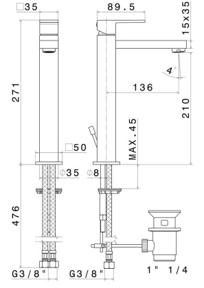 Смеситель для раковины FUTURA однорычажный высокий без донного клапана 3/8, хром