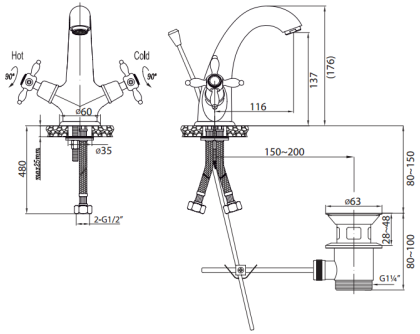 NOSTALGIA-LS1-03/24 Смеситель для раковины с донным клапаном золото, ручки золото