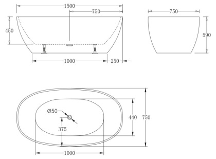Акриловая ванна без перелива BELBAGNO BB81-1500-W0