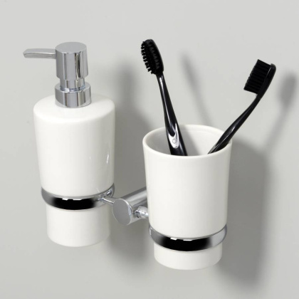 Дозатор для жидкого мыла со стаканом для зубных щеток, 20х18х10 см, белый, K-28289