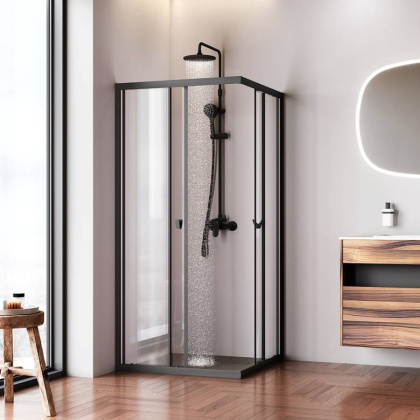 W87G-403-9090-BТ Sunny Душевое ограждание квадратное, раздвижные двери 90x90 черный,стекло прозрачное