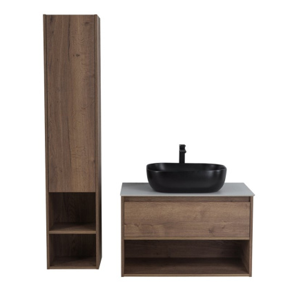 Тумба c раковиной подвесная с одним ящиком и одной открытой полкой BelBagno KRAFT 100 Rovere Tabacco, раковина белая