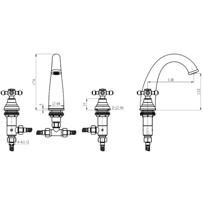 Смеситель для умывальника на 3 отв. ROYAL CRYSTAL, бронза_Комплект Смеситель для умывальника на 3 отв. ROYAL CRYSTAL, бронза_Комплект