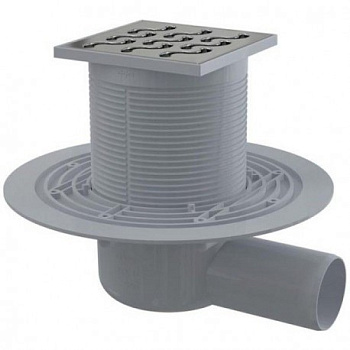 Сливной трап 105×105/50 мм боковой сток, решетка из нержавеющей стали, гидрозатвор мокрый