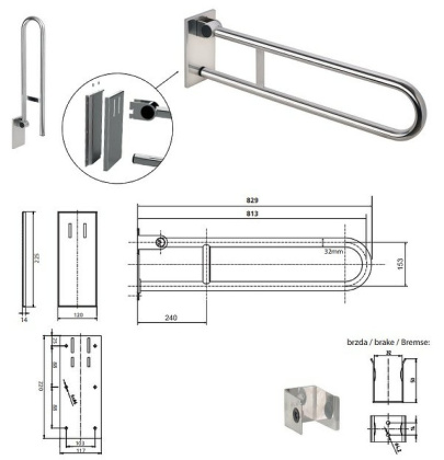 Съемный откидной поручень 813 мм, глянец, с крышкой Съемный откидной поручень 813 мм, глянец, с крышкой
