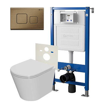 Сет: Система инсталляции Point Элемент для подвесного унитаза PN45120 + Клавиша смыва для инсталляции Point Афина, бронза брашированная, PN44041BB + Унитаз подвесной Point Виктория безободковый, сиденье микролифт PN41061