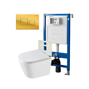 Сет: Система инсталляции Point Элемент для подвесного унитаза PN45120 + Клавиша смыва для инсталляции Point Афина, золото, PN44041G + Унитаз подвесной Point Венера безободковый, белый, сиденье дюропласт микролифт быстросъемное PN41071