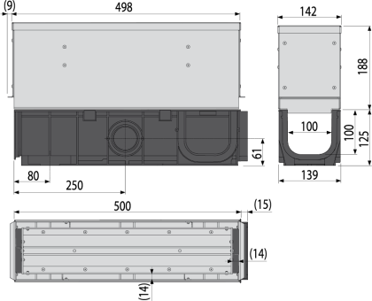 Щелевой дренажный канал с симметричной сервисной надставкой 160 мм, нержавеющая сталь