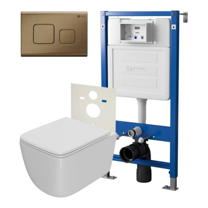 Сет: Система инсталляции Point Элемент для подвесного унитаза PN45120 + Клавиша смыва для инсталляции Point Афина, бронза брашированная, PN44041BB + Унитаз подвесной Point Меркурий безободковый, сиденье дюропласт микролифт, быстросъем, белый PN41831