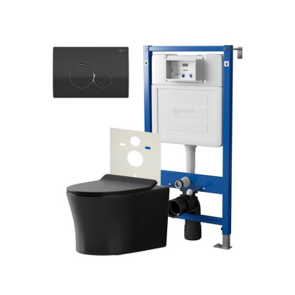 Сет: Система инсталляции Point Элемент для подвесного унитаза PN45120 + Клавиша смыва для инсталляции Point Виктория, черная/хром, PN44061BC + Унитаз подвесной Point Вега безободковый, чёрн мат, PN41711BM