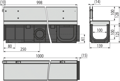 Щелевой дренажный канал с асимметричной надставкой 100 мм, нержавеющая сталь 
