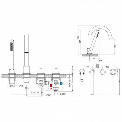 Смеситель на борт ванны Timo Saona 2330/03Y с термостатом, черный матовый
